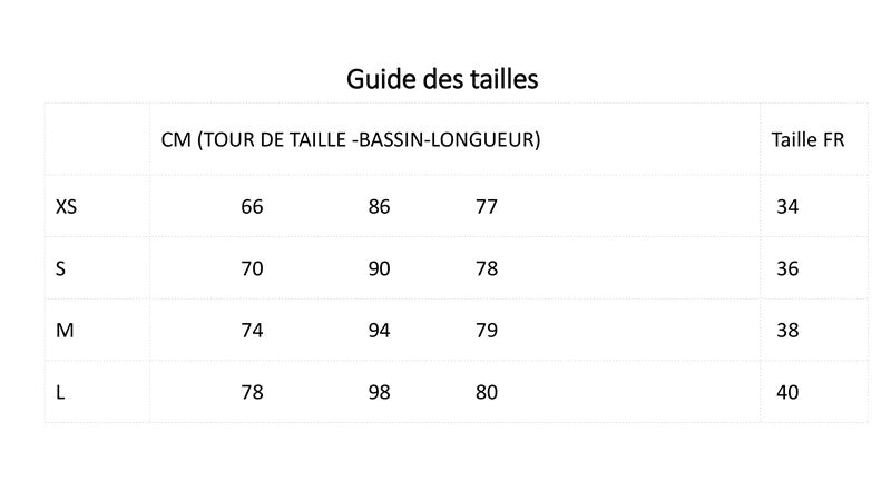 guide des tailles pour jupe en soie DELICATESSE